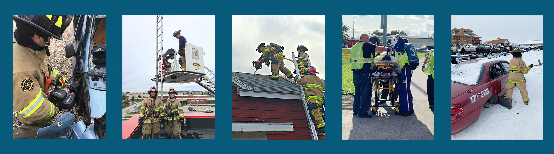 Firefighter using the jaws of life; Firefighters and ladders; Firefighters standing atop a building; Paramedics with a patient on a gurney; Firefighter next to a car