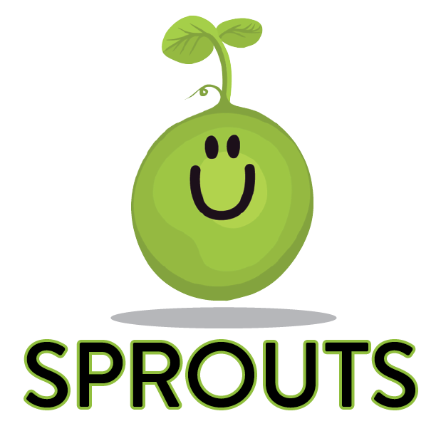 smiling green plant with the word SPROUTS underneath