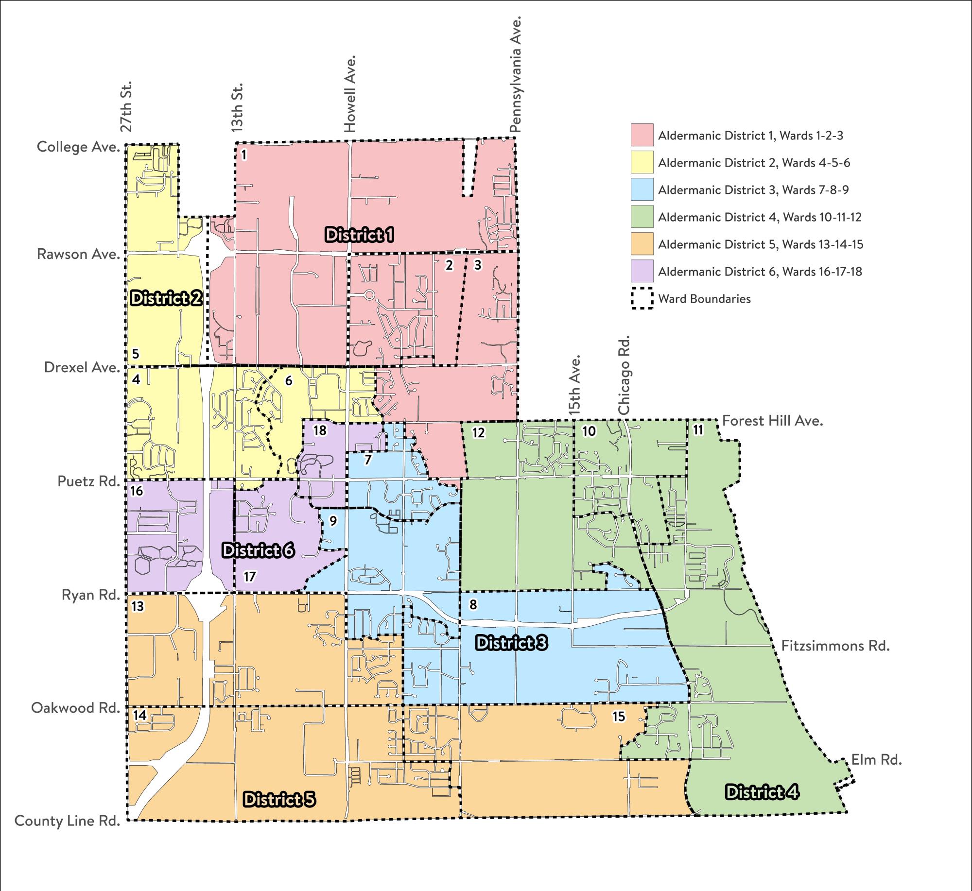 Map of all Aldermanc Districts in Oak Creek including wards