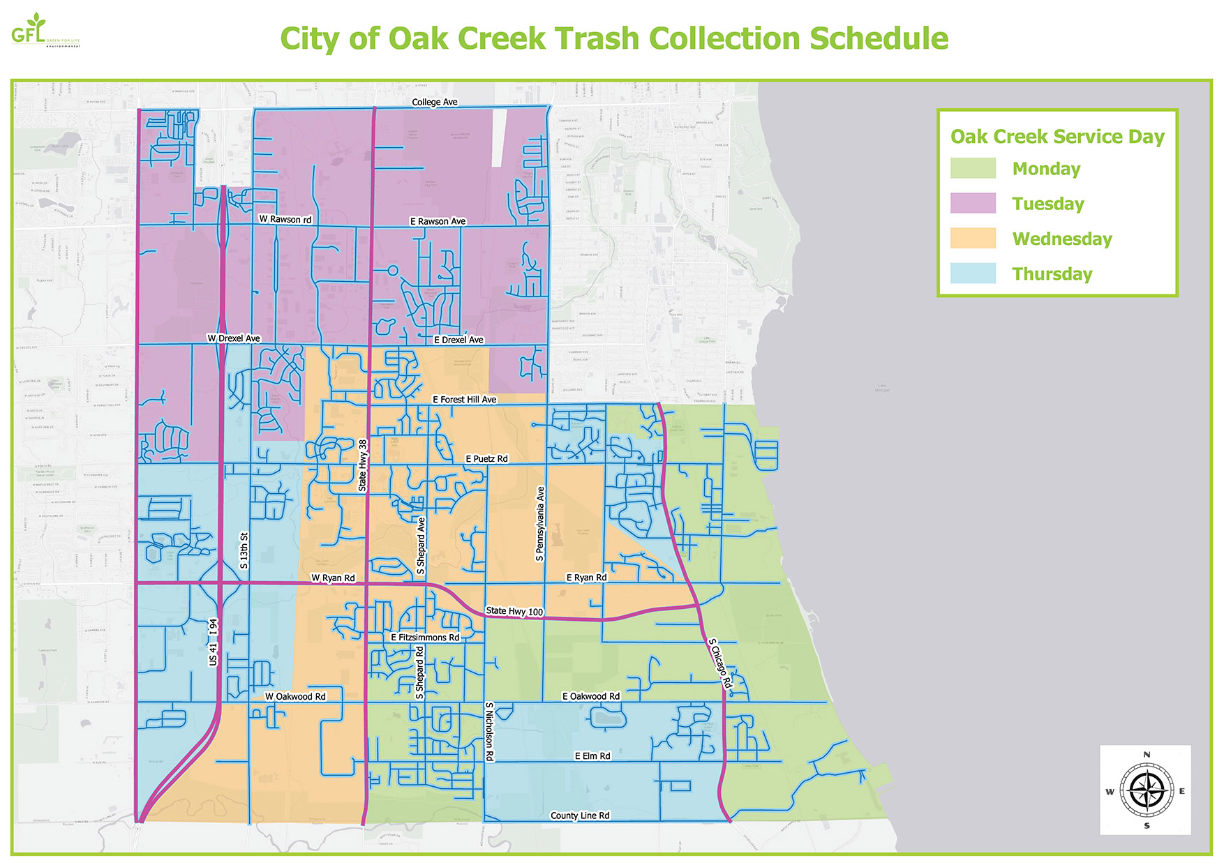 Map showing Oak Creek Trash collection route schedule