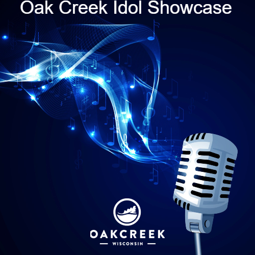 Oak Creek Idol Showcase microphone with music notes and oak creek logo