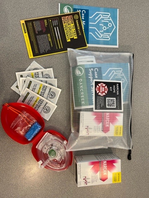 Narcan Hope Kit Contents: Pamphlets, Fentanyl Test Strips, Narcan and CPR mask