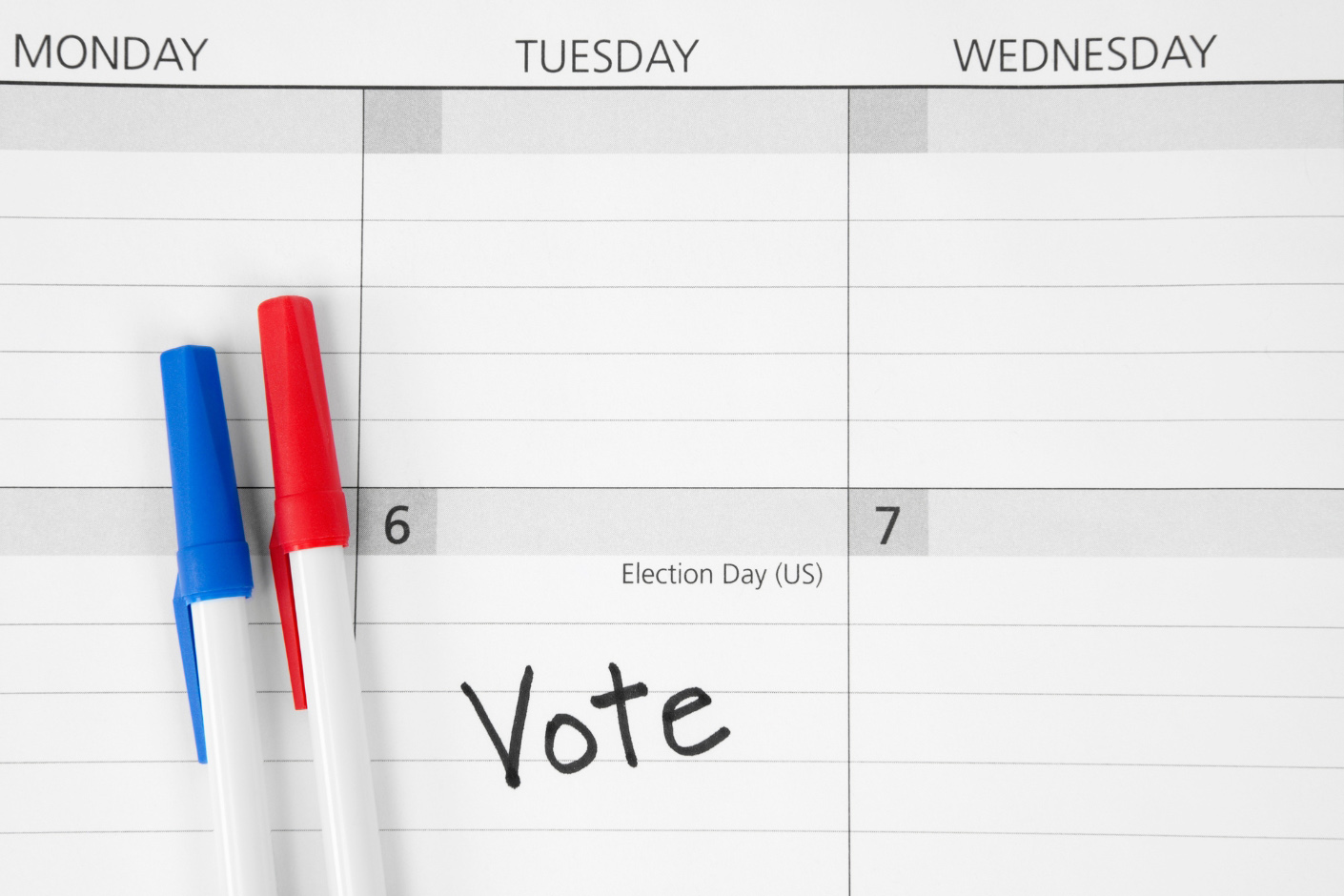 A calendar showing the word "vote" on election day.